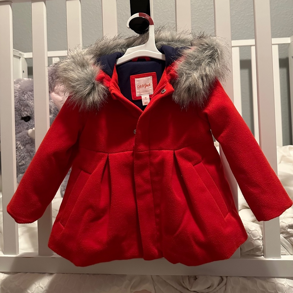 Cat & Jack Target Toddler 2T Faux Fur Trim Jacket Coat Peacoat red